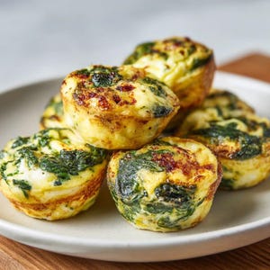 Op de afbeelding: Een stapel ronde eimuffins gebakken met donkergroene spinazieblaadjes. De muffins hebben een goudbruine, licht knapperige buitenkant en een zachte, lichtgele textuur aan de binnenkant. Elke portie is rond en bevat zichtbare gekookte groenten.