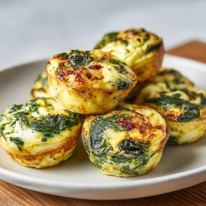 Op de afbeelding: Een stapel ronde eimuffins gebakken met donkergroene spinazieblaadjes. De muffins hebben een goudbruine, licht knapperige buitenkant en een zachte, lichtgele textuur aan de binnenkant. Elke portie is rond en bevat zichtbare gekookte groenten.