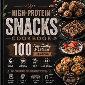 Op de afbeelding: Een zwarte kookboekkaft met de titel High-Protein Snacks Cookbook met 100 Easy, Healthy & Delicious Recipes. De kaft bevat afbeeldingen van energieballetjes, mueslirepen, een schaaltje yoghurt met bessen en hartige muffins, plus voedingsiconen.