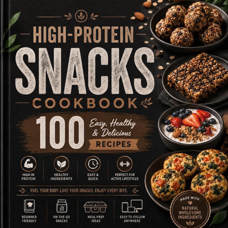Op de afbeelding: Een zwarte kookboekkaft met de titel High-Protein Snacks Cookbook met 100 Easy, Healthy & Delicious Recipes. De kaft bevat afbeeldingen van energieballetjes, mueslirepen, een schaaltje yoghurt met bessen en hartige muffins, plus voedingsiconen.