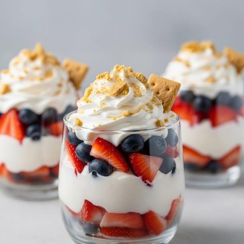 Op de afbeelding: Drie glazen gevuld met lagen witte yoghurt, gesneden rode aardbeien en donkerblauwe bosbessen. Elk glas is afgewerkt met een royale toef witte slagroom, bestrooid met verkruimelde koekjes en een vierkant stukje koek.