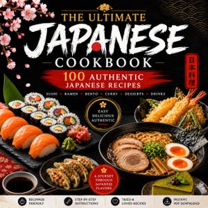Puede incluir: Una portada de libro de cocina titulada The Ultimate Japanese Cookbook con 100 recetas japonesas auténticas. La imagen muestra sushi, ramen, tempura, gyoza y un pastel de matcha. El texto incluye instrucciones paso a paso y descarga de PDF.