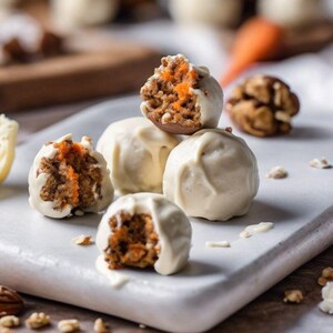 Op de afbeelding: Een verzameling ronde cakeballetjes omhuld met een gladde laag witte chocolade. Verschillende balletjes zijn opengebroken en tonen een textuurrijke bruine binnenkant met feloranje stukjes wortel. De lekkernijen liggen op een wit oppervlak.