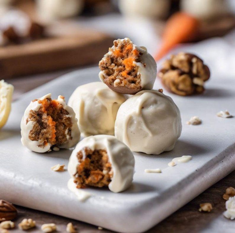 Op de afbeelding: Een verzameling ronde cakeballetjes omhuld met een gladde laag witte chocolade. Verschillende balletjes zijn opengebroken en tonen een textuurrijke bruine binnenkant met feloranje stukjes wortel. De lekkernijen liggen op een wit oppervlak.