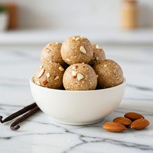 Op de afbeelding: Een witte kom gevuld met verschillende ronde, beige-kleurige energieballetjes bestrooid met kleine amandelschaafsel. De textuurrijke bollen zijn opgestapeld tot een hoopje. Naast de kom liggen twee donkere vanillestokjes en enkele hele amandelen.