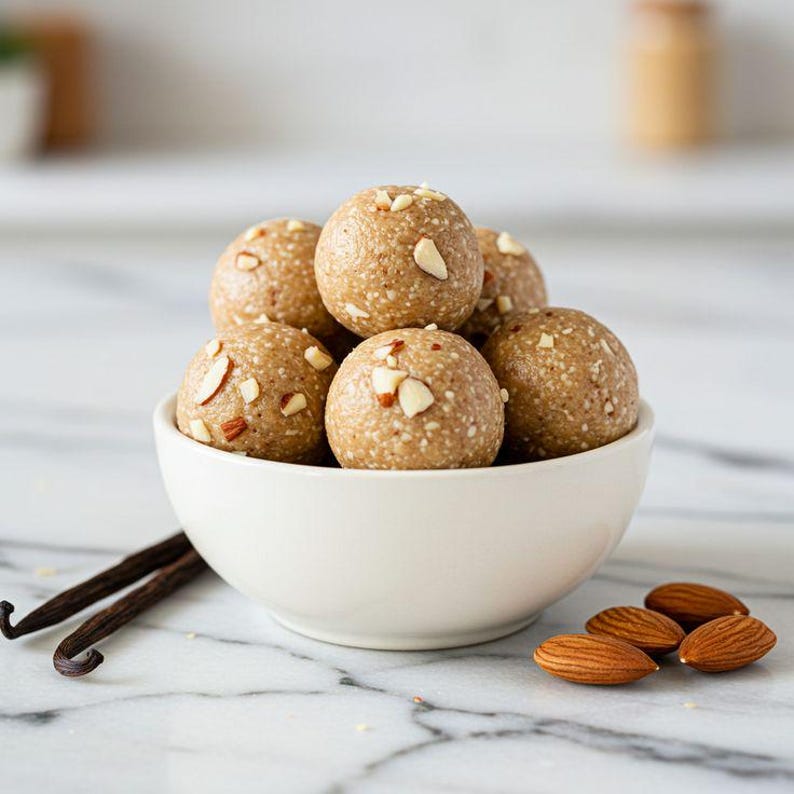 Op de afbeelding: Een witte kom gevuld met verschillende ronde, beige-kleurige energieballetjes bestrooid met kleine amandelschaafsel. De textuurrijke bollen zijn opgestapeld tot een hoopje. Naast de kom liggen twee donkere vanillestokjes en enkele hele amandelen.