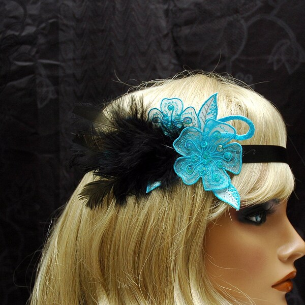 1920s Headband Flapper Headpiece, Feather Headband, Roaring 20s Headband, Black Art Deco Headpiece, Light Blue Headpiece