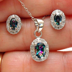 Oval Mystic Topaz Necklace Set, Gifts for her Silver Rainbow Lab Topaz Jewelry set, Dainty Studs