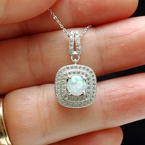 Fire White Opal CZ Accent Silver Pendant October Birthstone Lab Opal