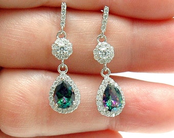 Mystic Topaz Earrings Teardrop Earrings, Silver Dangle Earrings, Rainbow Topaz Earrings, Diamond Accent Earrings, Pear Shaped Earrings, Gift