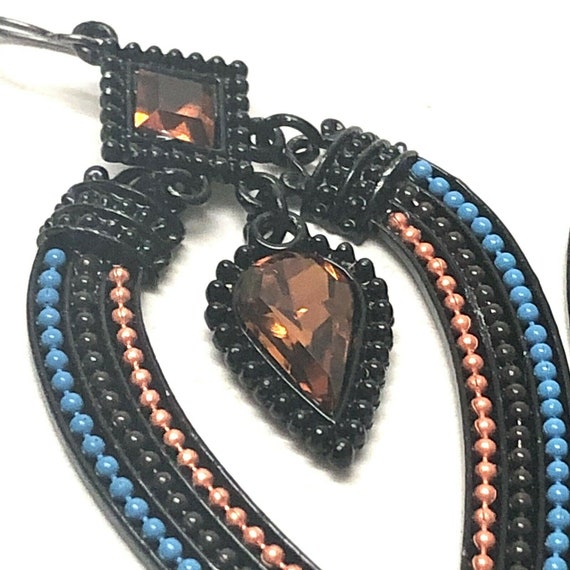 Geometric Beaded Dangle Teardrop Earrings Blue Bl… - image 5