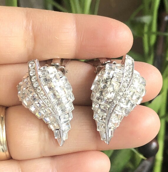 Vintage 925 Sterling Silver CZ Clip On Earrings L… - image 1