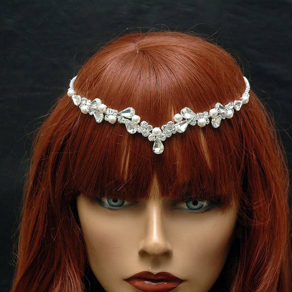 Wedding Hair Comb Headband Chain Pearl and Crystal Headpiece, Bridal Forehead Band, Boho Hair Chain, Wedding Pearl Headpiece, Forehead Band