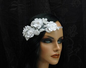 Floral Lace Headpiece Wedding headband, Pearl Bridal headband, Boho Wedding Headpiece, Floral Headpiece, wedding Hair Accessories, OOAK