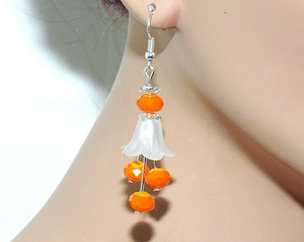 Lucite Orange Bell Flower Beaded Earrings Spring Jewelry