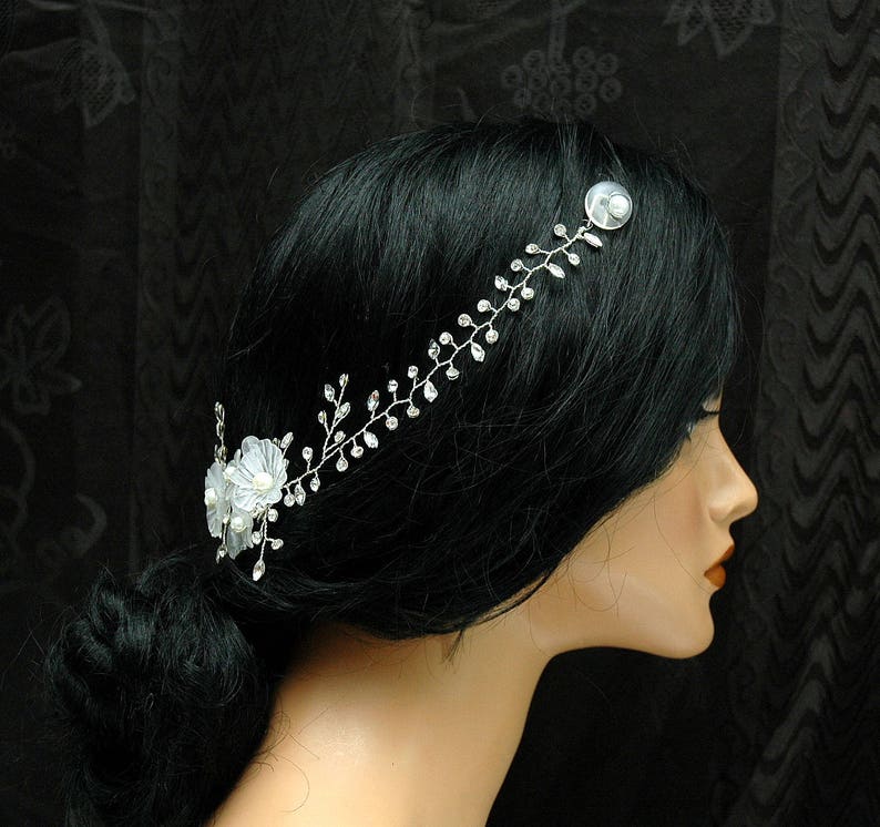 Bridal Headpiece Wedding Hairpiece Crystal Hair Vine Silver Wedding Delicate Hair Vine Long Pearl Hair Vine Bridal Floral Hair Vine