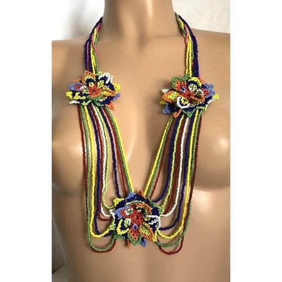 Native American Beaded Necklace Multicolor Seed B… - image 1