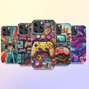 Custodia per telefono Retro Gamer – Cover collage colorata per iPhone 16, 15, 14, 13 e Samsung S25, S24, S23 Ultra – Custodia in TPU morbido – Regalo per giocatori