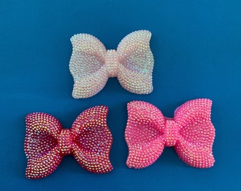 Kawaii big glitter bow with middle vertical holes pink and red deco diy craft cabochon resin flatback jewelry accessory making 3pcs