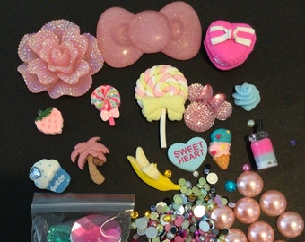 Kawaii big pink glitter bow,big pink flower, sweets cabochon deco diy craft  resin flatback mix #339