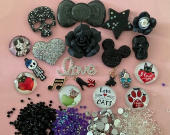 Kawaii big glitter black bow, big black clay rose, kawaii skull, kawaii kitty cat deco diy craft cabochon resin flatback mix #448