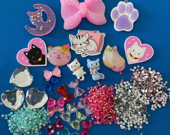 Kawaii big pink bow kitty cat deco diy craft cabochon resin flatback  mix #614