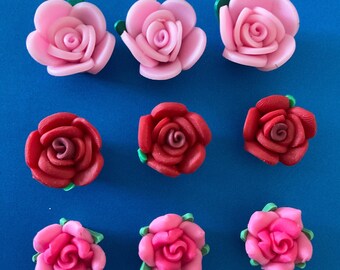 Kawaii small pink and red rose flower with small hole on the bottom for threading deco diy craft resin clay cabochon 9pcs