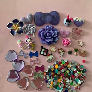 Kawaii big purple glitter bow, big purple glitter flower, girly cabochon, kawaii enamel charms deco diy cabochon resin flatback mix #59
