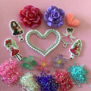 Kawaii big rhinestone heart charm, purple rose, big red glitter flower deco diy craft cabochon resin flatback mix C65