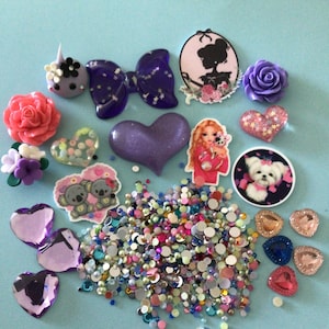 Kawaii big translucent purple bow, big glitter heart,girly cabochon deco diy craft cabochon resin flatback mix#C70