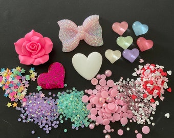 Kawaii big baby pink glitter bow with rose, heart cabochons deco diy craft jewelry accessory making mix C80