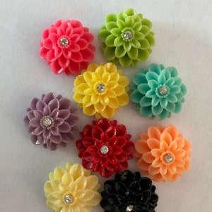 May include: A collection of ten colorful, resin flower embellishments. Each flower is a different color, including pink, green, yellow, teal, purple, red, orange, and black. A small, clear rhinestone is set in the center of each flower.
