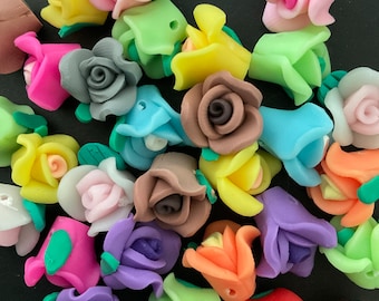 Kawaii small polymer clay rose flower with eyelet for threading deco diy craft cabochon resin random mix 30pcs