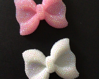 Kawaii big pink and white glitter bow with middle vertical holes deco diy craft cabochon resin flatback 2pcs