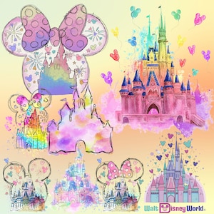 Watercolor Mouse Castle PNG Bundle: Retro Magic Kingdom Clipart (Digital Download, 14 Files