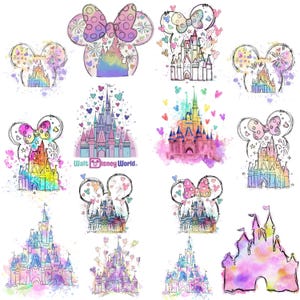 Watercolor Mouse Castle PNG Bundle: Retro Magic Kingdom Clipart (Digital Download, 14 Files