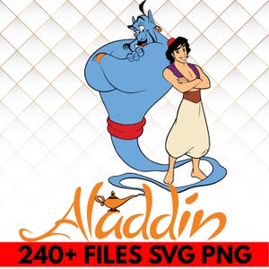 May include: A digital illustration featuring characters from Disney's Aladdin. The Genie is a large, blue figure with a red waist band. Aladdin stands beside him, wearing a vest and pants. The word "Aladdin" is written in orange script, with a lamp icon.