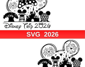Puede incluir: Diseño SVG en blanco y negro con elementos de Disney. Incluye un lazo de Minnie Mouse, fuegos artificiales, un castillo y orejas de Mickey Mouse. También está presente el texto "Disney Trip 2026" y "SVG 2026".