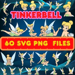 Può includere: Una collezione di arte digitale con rappresentazioni di Trilli in varie pose. L'immagine include il testo "TINKERBELL" in lettere rosa con contorno rosso e "60 SVG PNG FILES" in lettere gialle su sfondo rosso. Lo sfondo è blu scuro con linee ondulate blu chiaro.