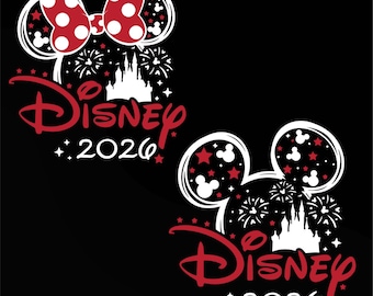 May include: Two Disney-themed designs on a black background. One features a red and white polka-dot bow, Mickey Mouse ears, fireworks, and the text "Disney 2026" in red. The other design has Mickey Mouse ears, stars, fireworks, and the same text.