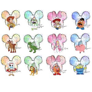 May include: A collection of twelve colorful illustrations featuring characters from the Toy Story franchise. Each character is set within a Mickey Mouse ear silhouette, with names like Woody, Buzz Lightyear, and Jessie. The designs have a watercolor effect.
