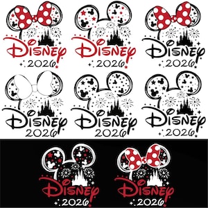 Puede incluir: Diseños temáticos de Disney con orejas de Mickey Mouse, lazos, fuegos artificiales y una silueta de castillo. La palabra "Disney" está escrita en rojo, con el año "2026" debajo. Los diseños son en rojo, blanco y negro.