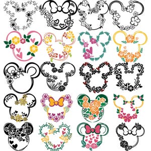 Puede incluir: Una colección de veinte siluetas de la cabeza de Mickey Mouse, cada una adornada con diseños florales y lazos. Los diseños presentan varias flores, corazones y lazos en negro, rosa, amarillo y naranja.