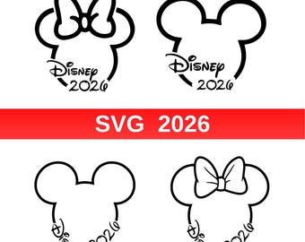 Puede incluir: Gráficos de Disney en blanco y negro con siluetas de Mickey y Minnie Mouse con el texto "Disney 2026". La imagen incluye una pancarta roja con el texto "SVG 2026".