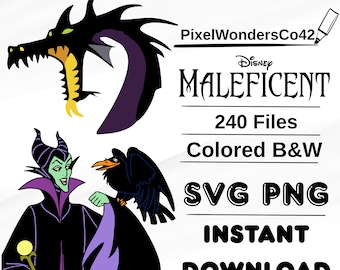 Pakiet clipartów SVG z motywem Maleficent: Wzory PNG z mroczną wróżką (pobieranie cyfrowe)