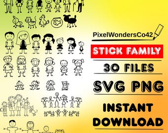 May include: A digital download graphic featuring stick figure families, children, and pets in black line art. The image includes the text "STICK FAMILY," "30 FILES," "SVG PNG," and "INSTANT DOWNLOAD" on a gradient yellow and orange background.