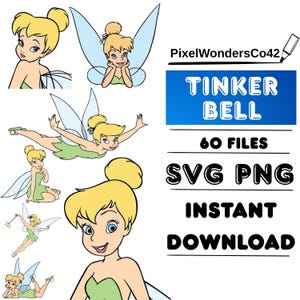 Puede incluir: Varias ilustraciones de Campanilla, una hada rubia vestida de verde con alas azules. La imagen incluye el texto "TINKER BELL", "60 FILES", "SVG PNG" e "INSTANT DOWNLOAD".