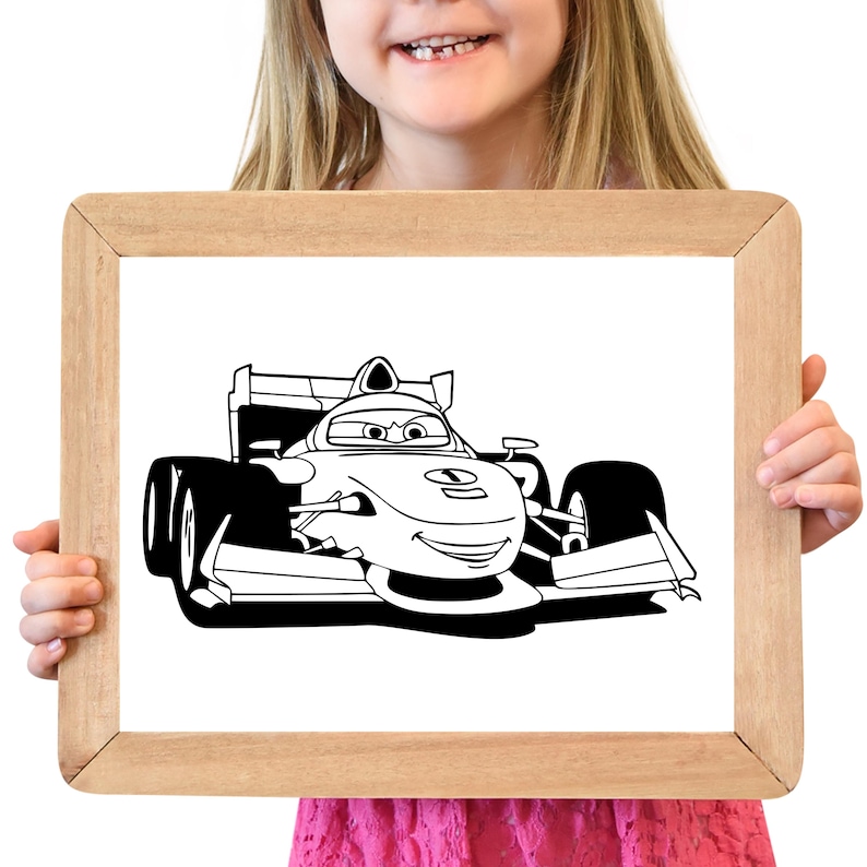 May include: Black and white cartoon illustration of a race car with large tires, a spoiler, and a smiling face. The car is on a white background, framed by a light brown wooden border.