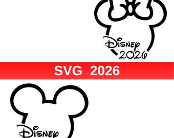Puede incluir: Diseños SVG de Disney en blanco y negro. Uno presenta un lazo, el otro una silueta clásica de Mickey Mouse. Ambos incluyen el texto "Disney 2026" y están sobre un fondo blanco. Una pancarta roja muestra "SVG 2026".