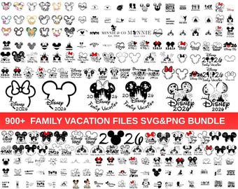 May include: A collection of Disney-themed SVG and PNG files, featuring Mickey Mouse ears, bows, and castle silhouettes. The designs include text such as "Disney 2026" and "Family Vacation". The image also includes the text "900+ FAMILY VACATION FILES SVG&PNG BUNDLE".